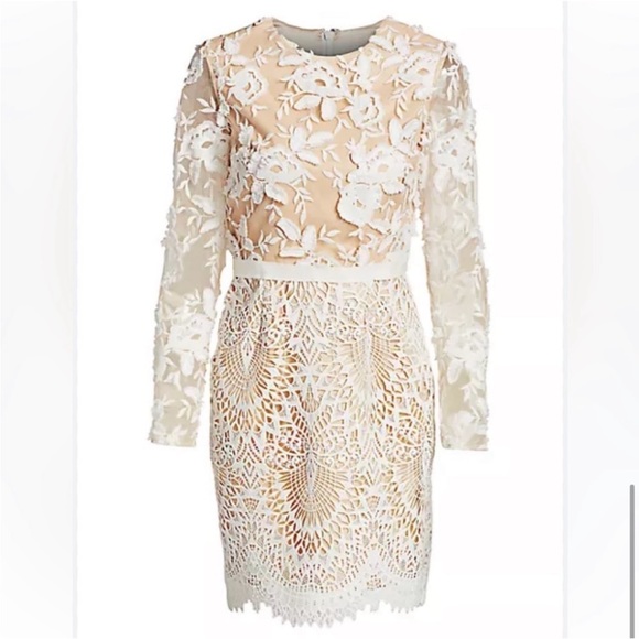 ML Monique Lhuillier White & Beige nude Lacey Cocktail formal Dress xs 3D Sz 2 - Picture 11 of 17